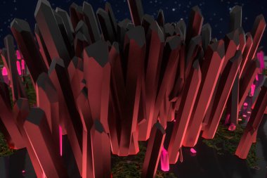 Hassas kesilmiş sihirli kristal, bilim kurgu ve sihirli tema, 3d render bir küme.