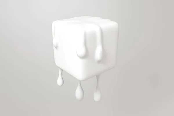 Cubo de fusão branco com detalhes de gota líquida, renderização 3d — Fotografia de Stock