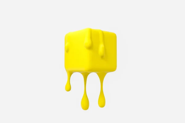 Жовтий плавильний куб з деталями краплі рідини, 3d рендеринг — стокове фото