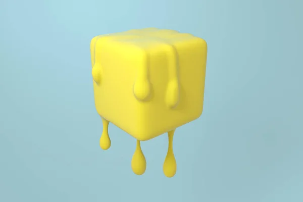 Желтый куб плавления с деталями капель жидкости, 3d рендеринг — стоковое фото