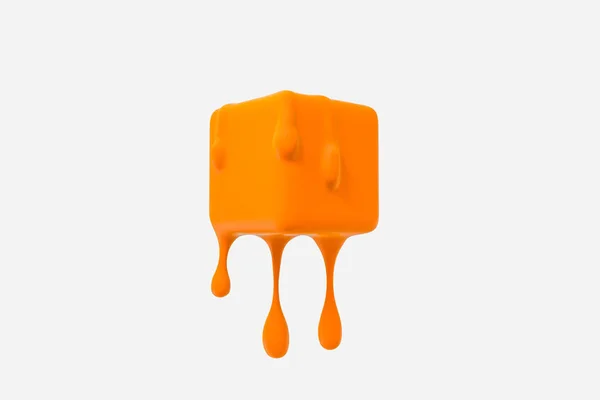 Cubo de fusão laranja com detalhes de gota líquida, renderização 3d — Fotografia de Stock
