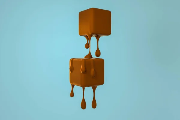 液体ドロップの詳細、3Dレンダリングと溶融チョコレートキューブ — ストック写真