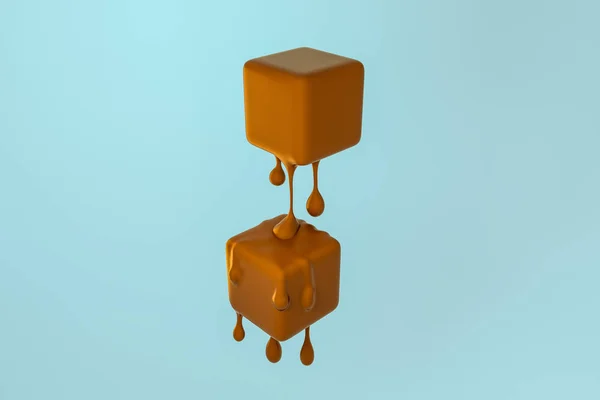 Cubo de chocolate derretendo com detalhes de gota líquida, renderização 3d — Fotografia de Stock