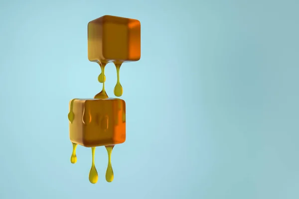 Cubo de mel derretendo com detalhes de gota líquida, renderização 3d — Fotografia de Stock