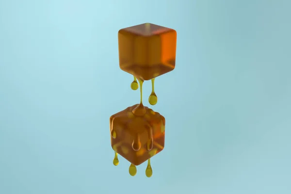 Cubo miele di fusione con dettagli goccia di liquido, rendering 3d — Foto Stock