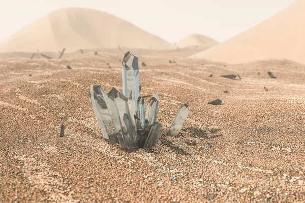 Um conjunto de cristal mágico se reúnem no deserto, 3d renderização . — Fotografia de Stock