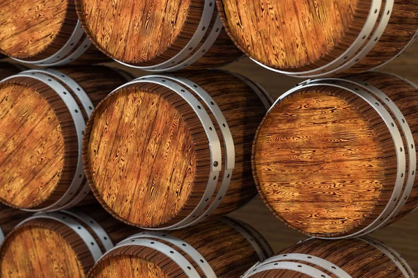 Barril vinícola de madeira com fundo de cor quente, renderização 3d — Fotografia de Stock