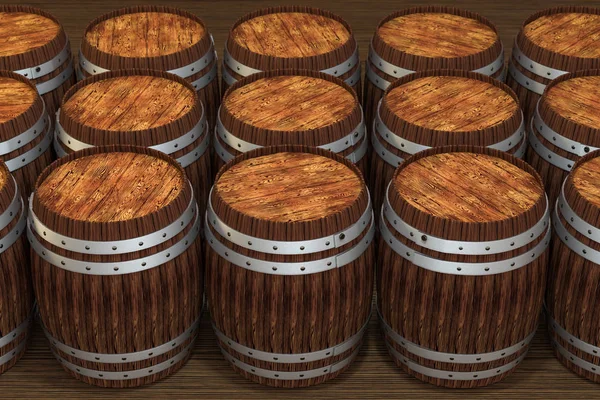 Barril vinícola de madeira com fundo de cor quente, renderização 3d — Fotografia de Stock