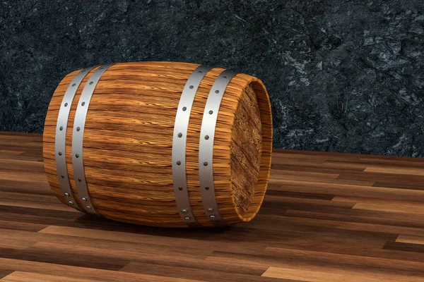 Barril vinícola de madeira com fundo de ferrugem escura, renderização 3d — Fotografia de Stock