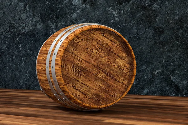 Holzfass mit dunklem Rosthintergrund, 3D-Rendering — Stockfoto