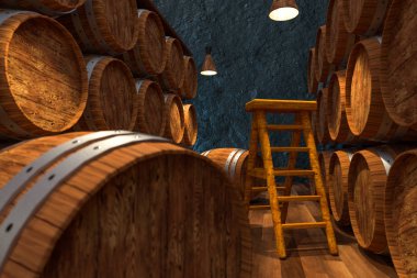 İçinde varil ile ahşap mahzeni, Vintage içecek ambarı, 3D Rendering.