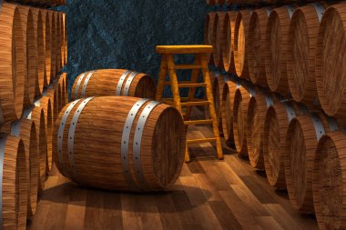 İçinde varil ile ahşap mahzeni, Vintage içecek ambarı, 3D Rendering.