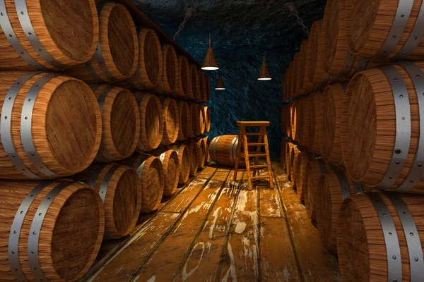 Wooden cellar with barrels inside, vintage beverage warehouse, 3d rendering. — Stock Photo, Image