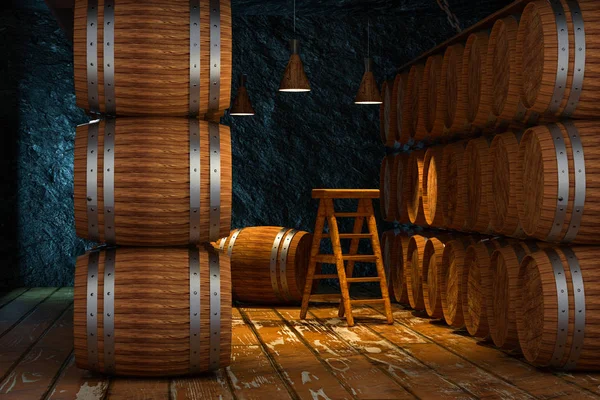 Wooden cellar with barrels inside, vintage beverage warehouse, 3d rendering. — Stock Photo, Image