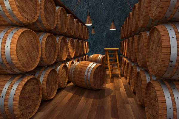 Adega de madeira com barris dentro, armazém de bebidas vintage, renderização 3d . — Fotografia de Stock