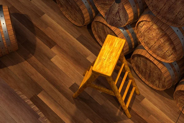 Adega de madeira com barris dentro, armazém de bebidas vintage, renderização 3d . — Fotografia de Stock