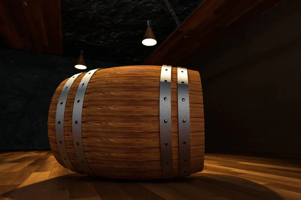 Holzkeller mit Fässern im Inneren, Getränkelager, 3D-Rendering. — Stockfoto