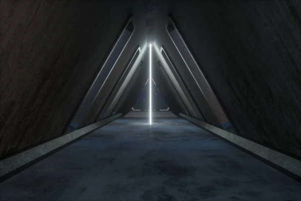 Fantaisie bâtiment tunnel en béton avec lumière au néon lumineux. Rendu 3d . — Photo