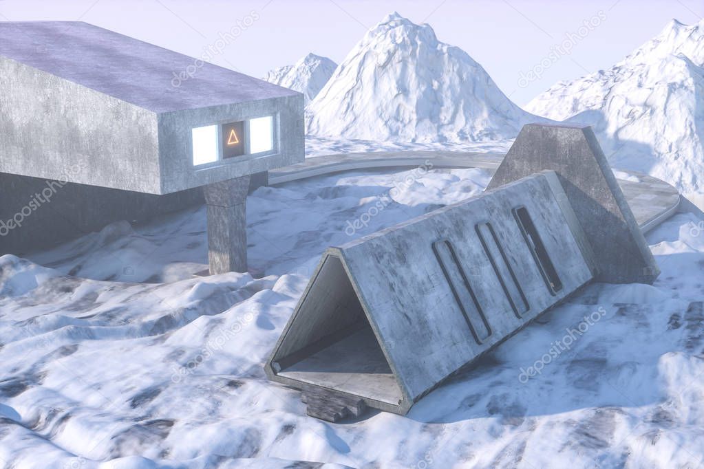 Fantasy concrete tunnel building, triangle tunnel. 3d rendering.