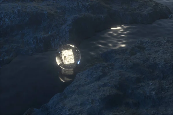 A lanterna fluindo no rio entre as montanhas à noite, 3d renderização — Fotografia de Stock