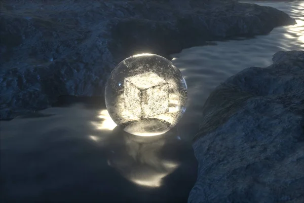 A lanterna fluindo no rio entre as montanhas à noite, 3d renderização — Fotografia de Stock