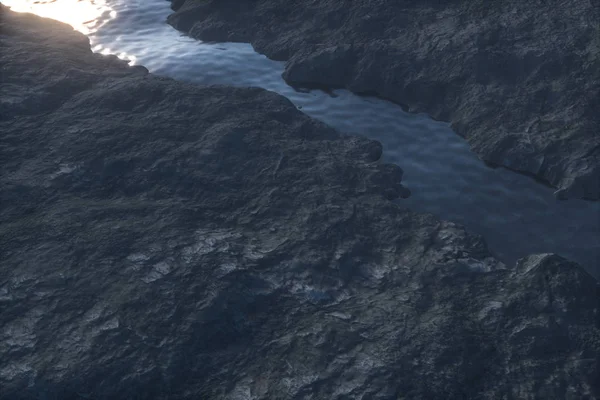 O rio entre as montanhas pela manhã, 3d renderização — Fotografia de Stock