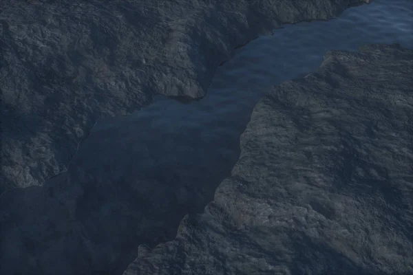Floden mellan bergen på natten, 3D-rendering — Stockfoto