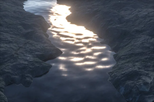 朝の山々の間の川、3Dレンダリング — ストック写真