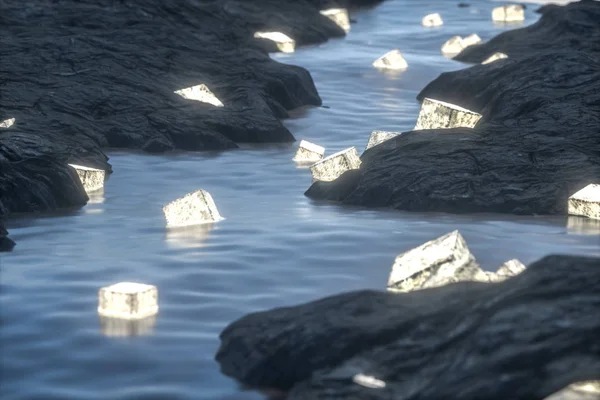 La linterna que fluye en el río entre las montañas por la noche, 3d representación — Foto de Stock