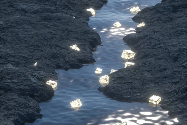 Den flödande lyktan i floden mellan bergen på natten, 3D-rendering — Stockfoto