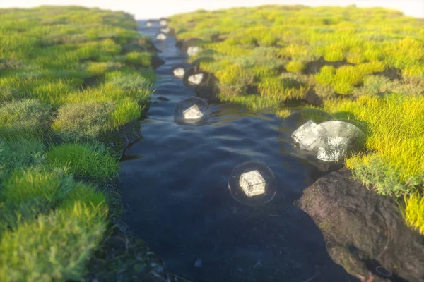 Las linternas de fantasía en el río entre montañas, 3d rendering — Foto de Stock