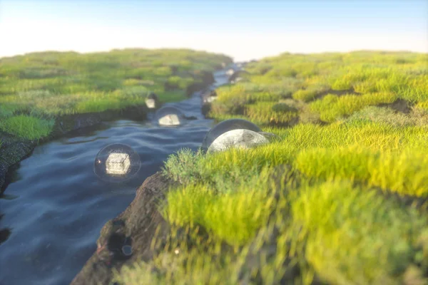 Las linternas de fantasía en el río entre montañas, 3d rendering — Foto de Stock