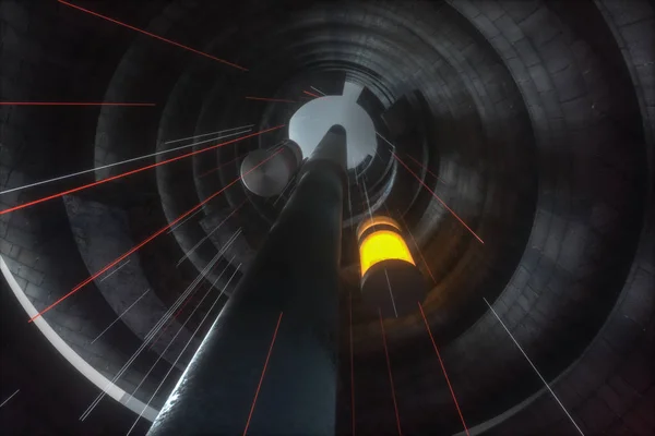 Ein verlassenes rundes Tunnelgebäude in Dunkelheit, mit Science-Fiction-Szene, 3D-Darstellung. — Stockfoto