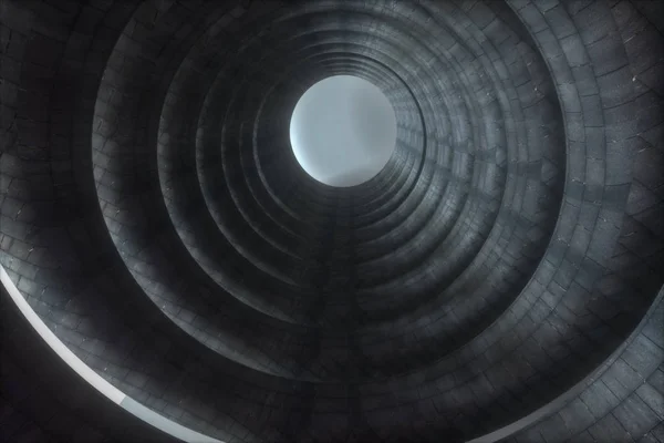 En övergiven rund tunnelbyggnad i mörker, med scen av science fiction, 3D-rendering. — Stockfoto