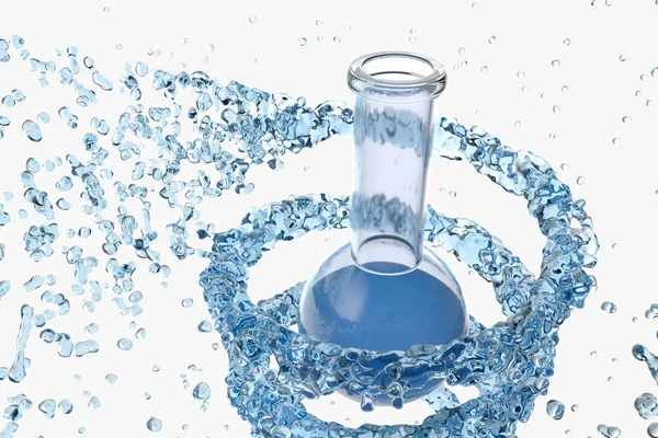 Botella de equipo químico y líquido salpicante, renderizado 3d —  Fotos de Stock