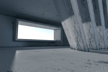 Pencereden gelen ışık ile boş kaba oda, 3d render.