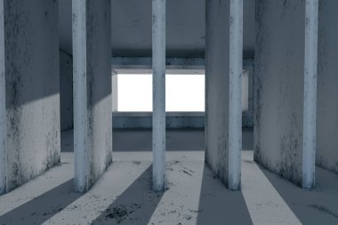 Pencereden gelen ışık ile boş kaba oda, 3d render.