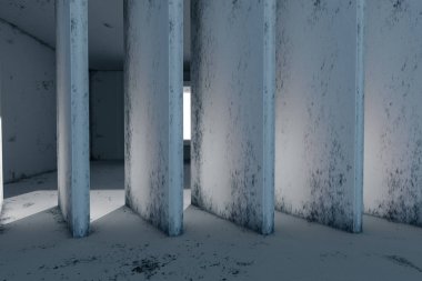 Pencereden gelen ışık ile boş kaba oda, 3d render.