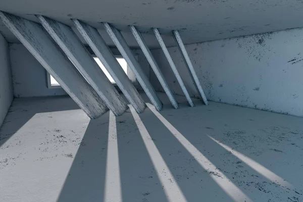 Άδειο τραχύ δωμάτιο με φως έρχεται από το παράθυρο, 3D απόδοση. — Φωτογραφία Αρχείου