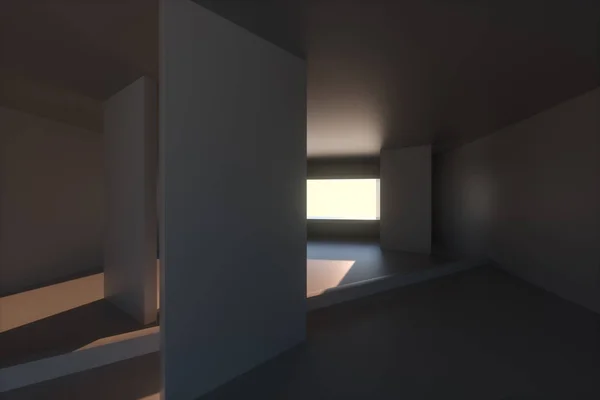 Quarto áspero vazio com luz vindo da janela, renderização 3d . — Fotografia de Stock