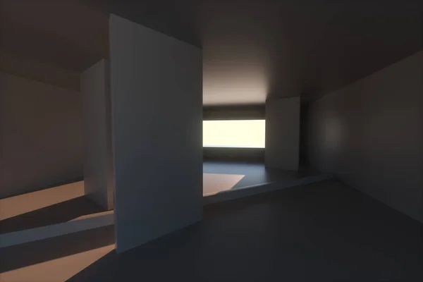 Opróżnij szorstki Pokój z światłem przychodzącym z okna, renderowanie 3D. — Zdjęcie stockowe