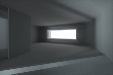 Pencereden gelen ışık ile boş kaba oda, 3d render.