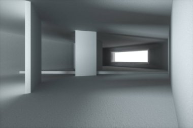 Pencereden gelen ışık ile boş kaba oda, 3d render.