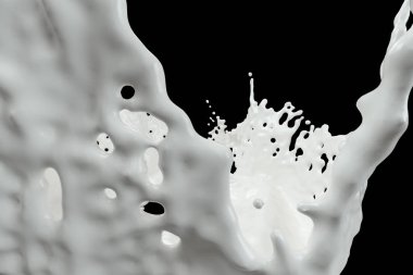 Saflık siyah arka plan, 3d render ile süt sıçraması.