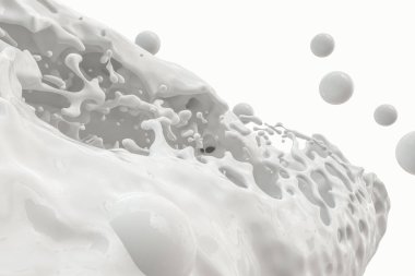 Uçan küreler ile saflık sıçraması süt, 3d render.