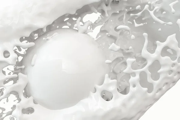 Purity splashing milk with flying spheres, 3d rendering. — Stock Photo, Image