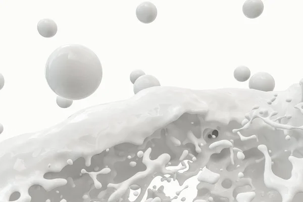 Czystość rozpryskiwania mleka z latającymi sferami, renderowanie 3D. — Zdjęcie stockowe