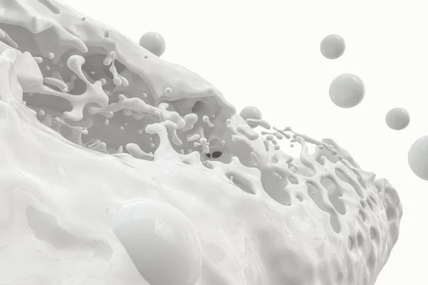 Reinheit spritzende Milch mit fliegenden Kugeln, 3D-Rendering. — Stockfoto