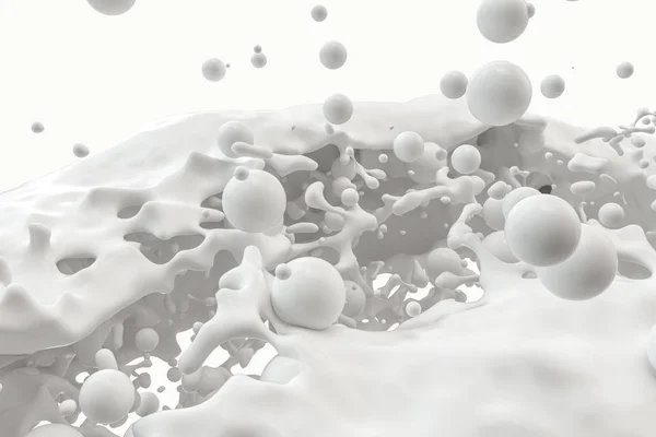 Pureza espirrando leite com esferas voadoras, renderização 3d . — Fotografia de Stock