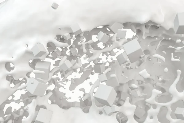 Pureza espirrando leite com cubos voadores, renderização 3d . — Fotografia de Stock